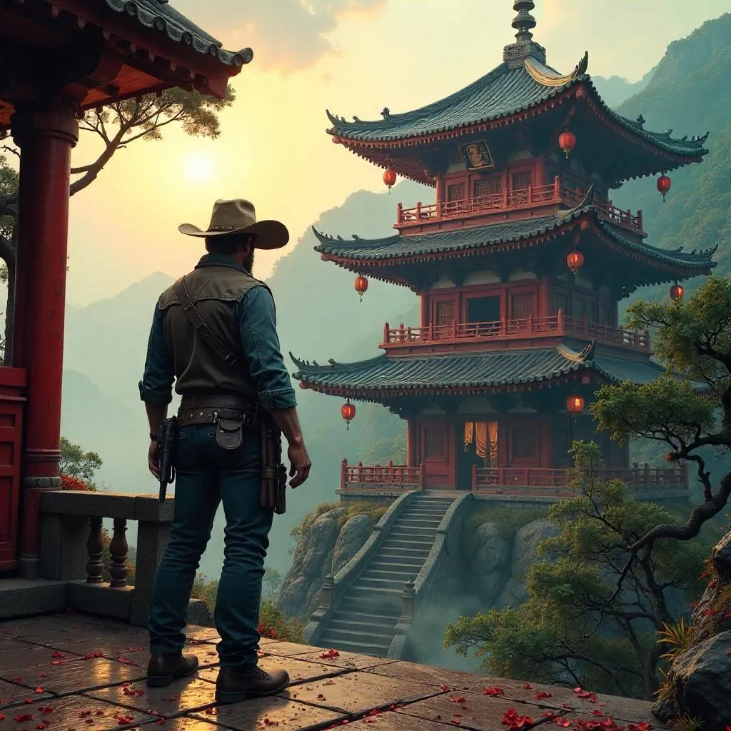 Photoreal Cowboy in a Mountain Pagoda