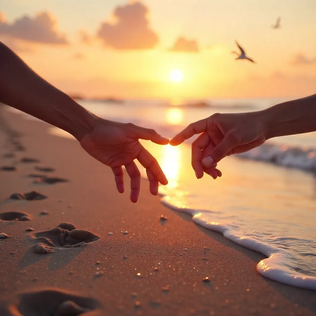 Hands Reaching Across the Serene Beach