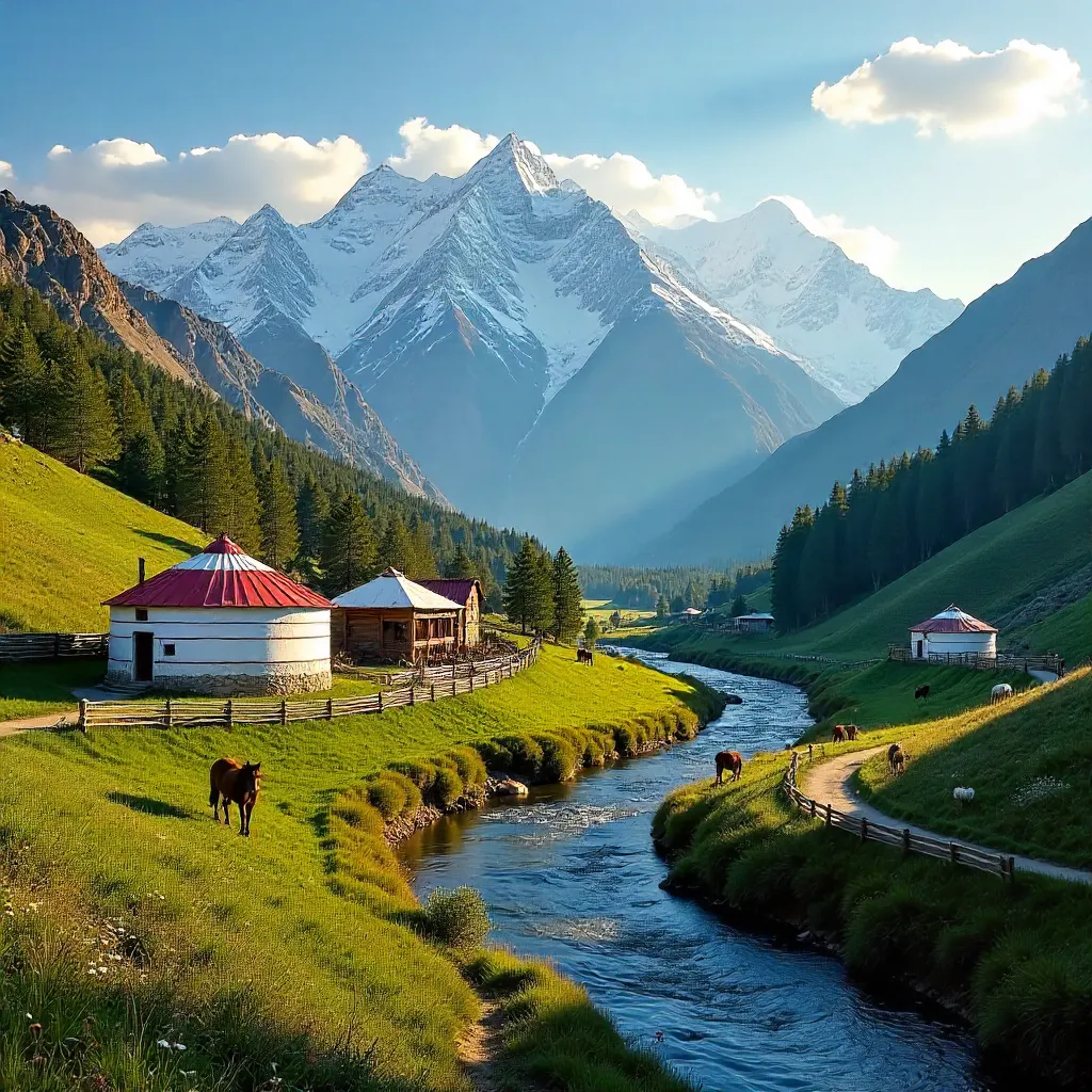 Golden Hour Over Kyrgyz Mountains and Village