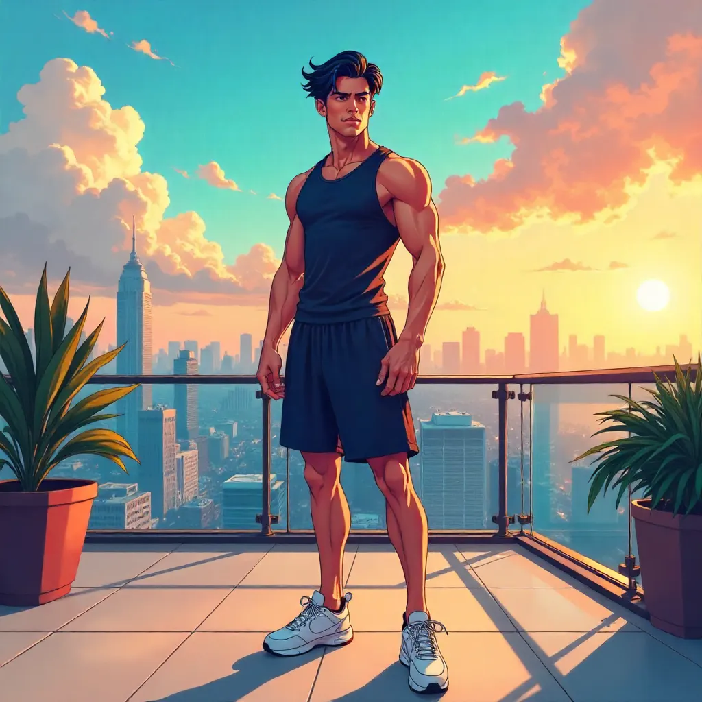 Athletic Asian Man on a Terrace in Anime Style