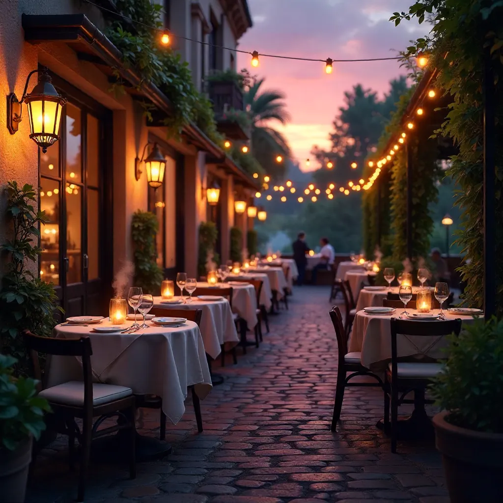 Twilight Lanterns: Cozy Outdoor Bistro at Dusk