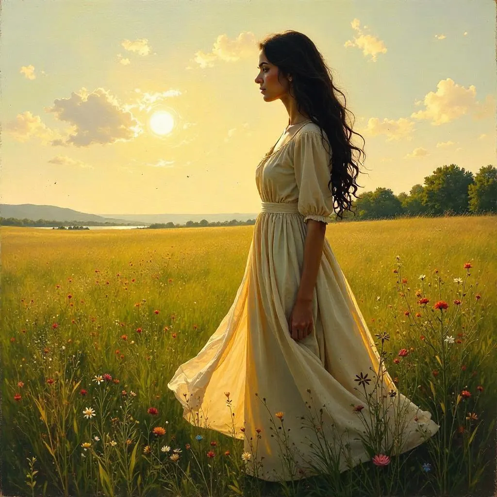 Oil Portrait of a Young Adult Middle Eastern Woman in a Meadow