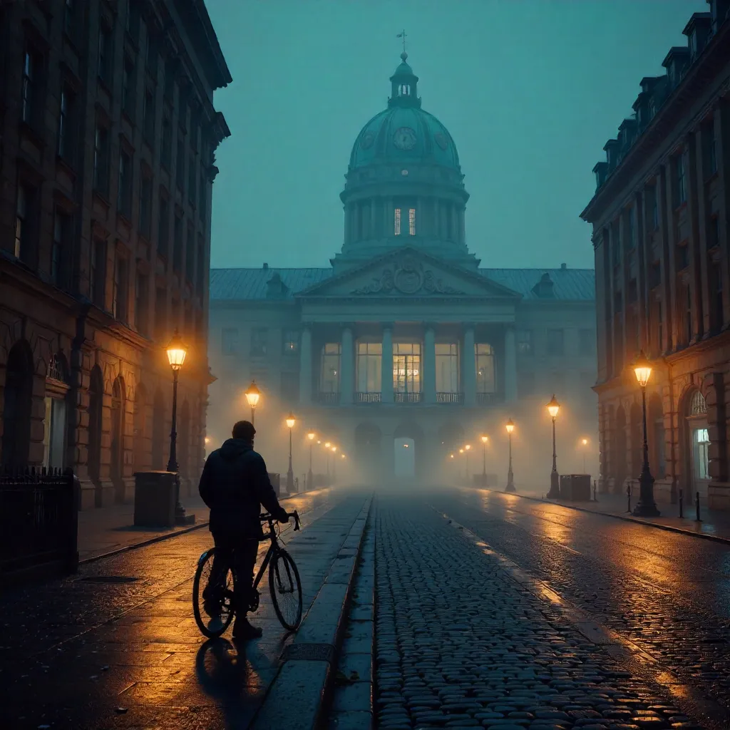 Lone Cyclist before Fog-Shrouded Hamburg Rathaus at Night