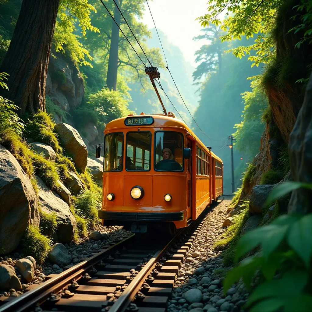 Orange Funicular Ascends Through Dense Green Forest
