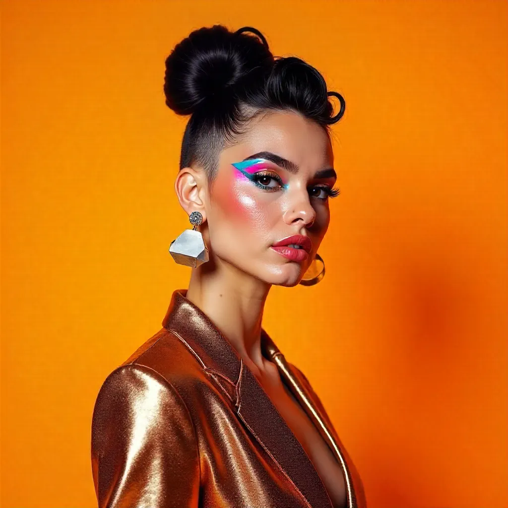 Architectural Hair and Vivid Makeup on Orange Fashion Portrait