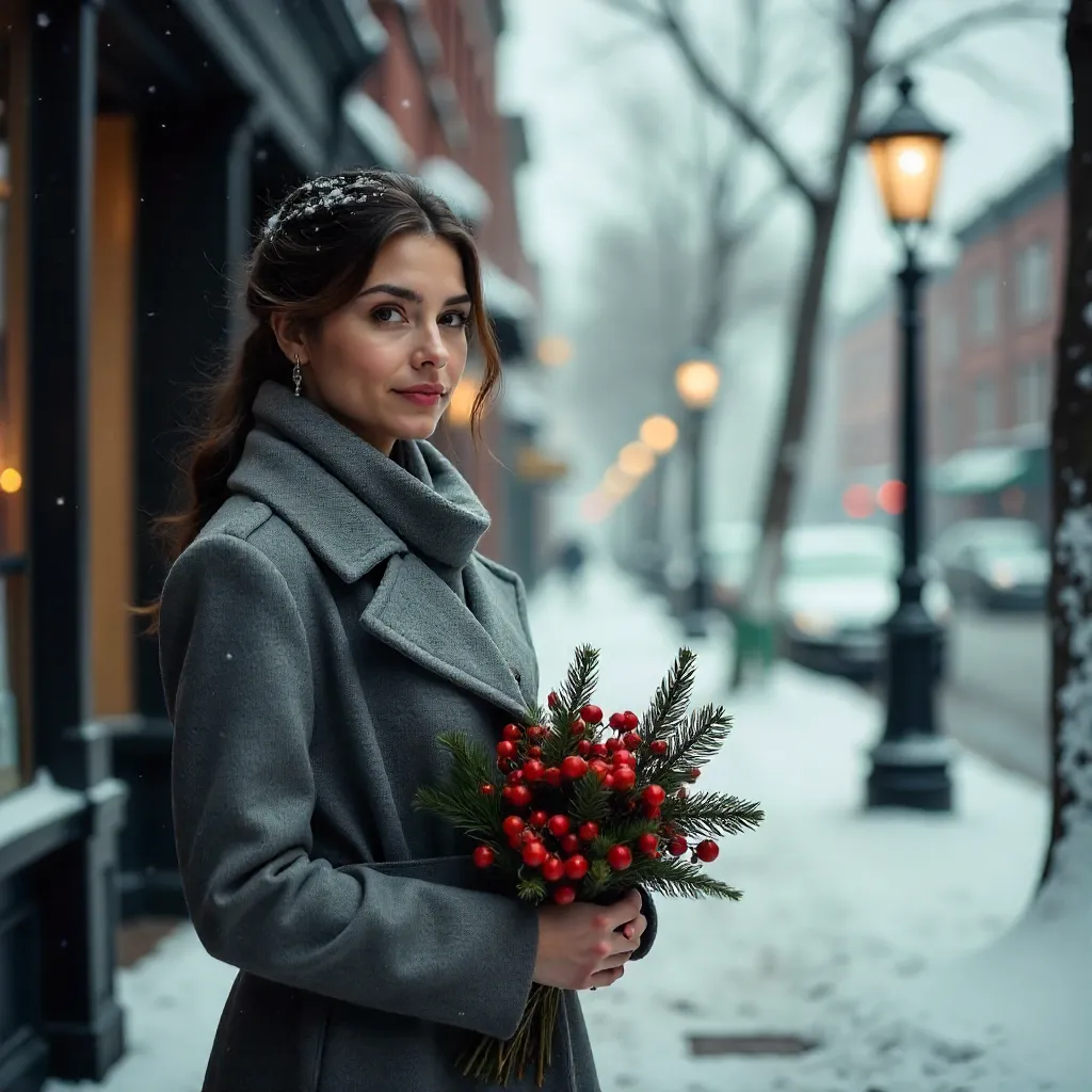Winter Street: Woman in Gray Coat with Red Berry Bouquet