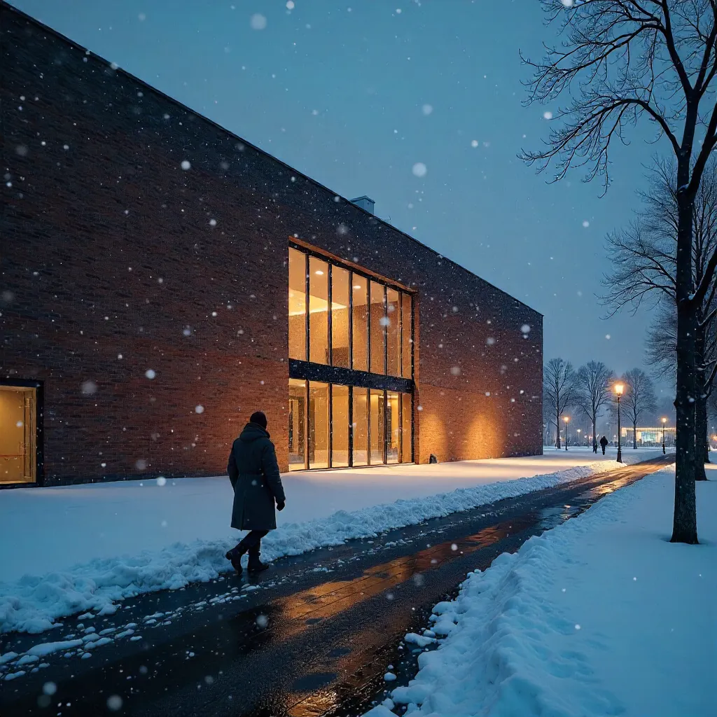 Snowy Night at James-Simon-Galerie with Lone Pedestrian