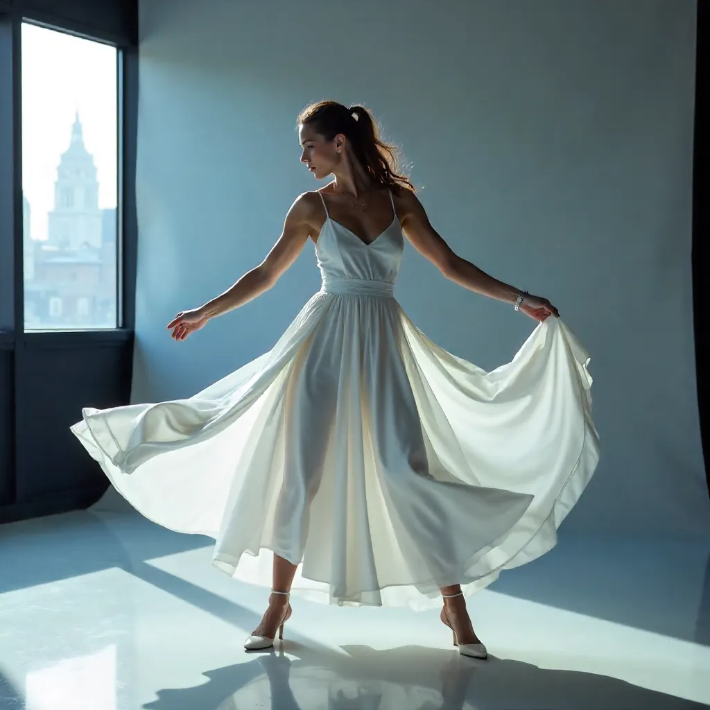 Dynamic London Studio Fashion Portrait in White Dress