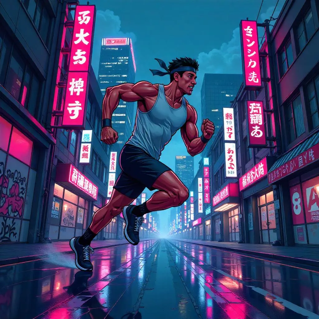 Athletic Asian Man Sprinting in Neon Urban City