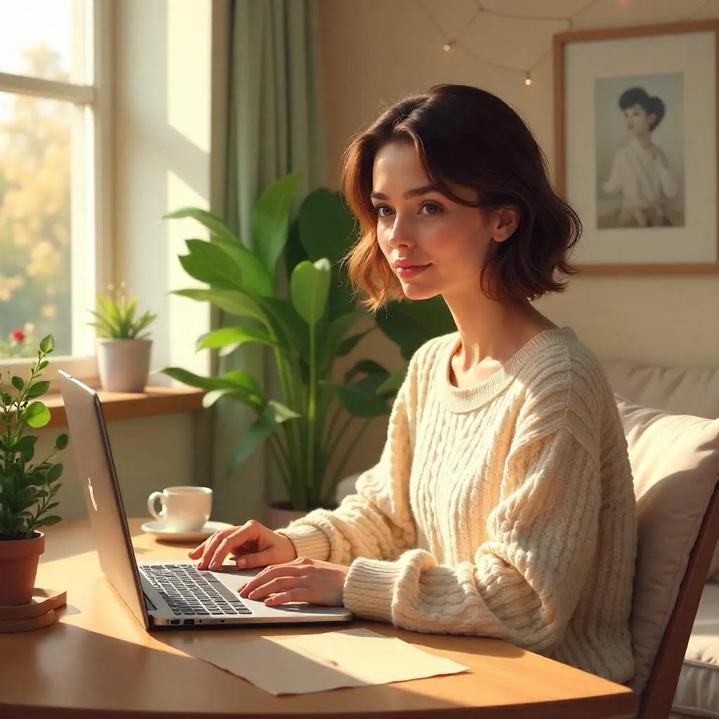 Cozy Home Scene: Young White Woman in Digital Art