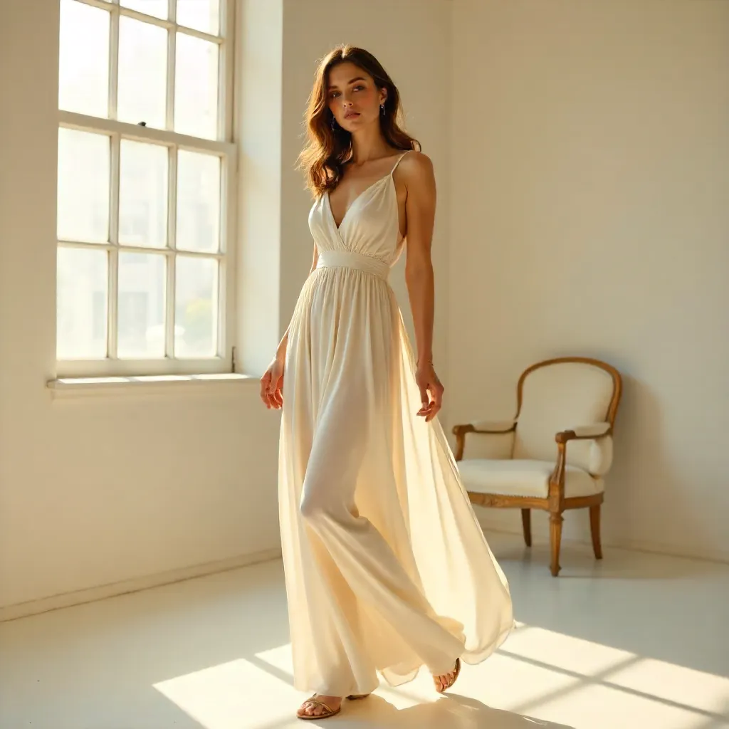Sunlit Studio Elegance: Woman in White Dress