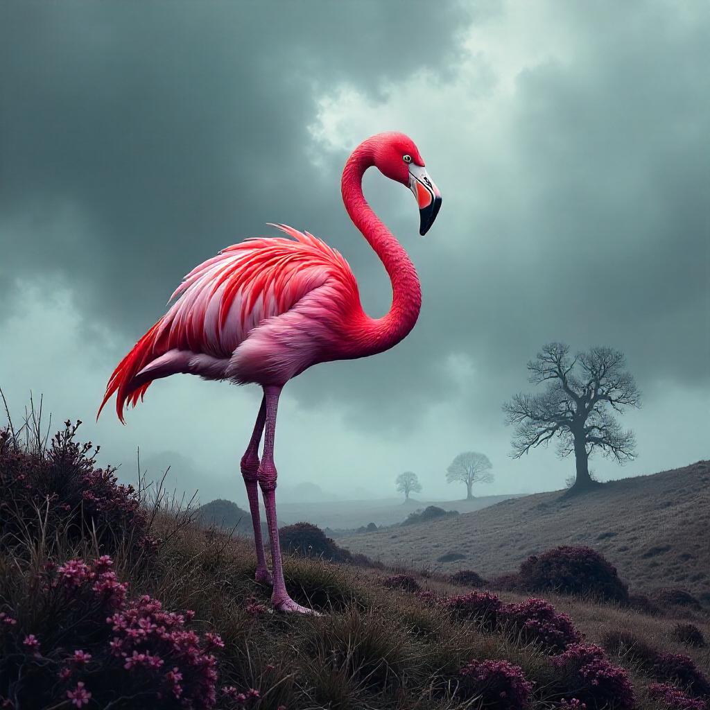 Comic Flamingo in Foggy Moor
