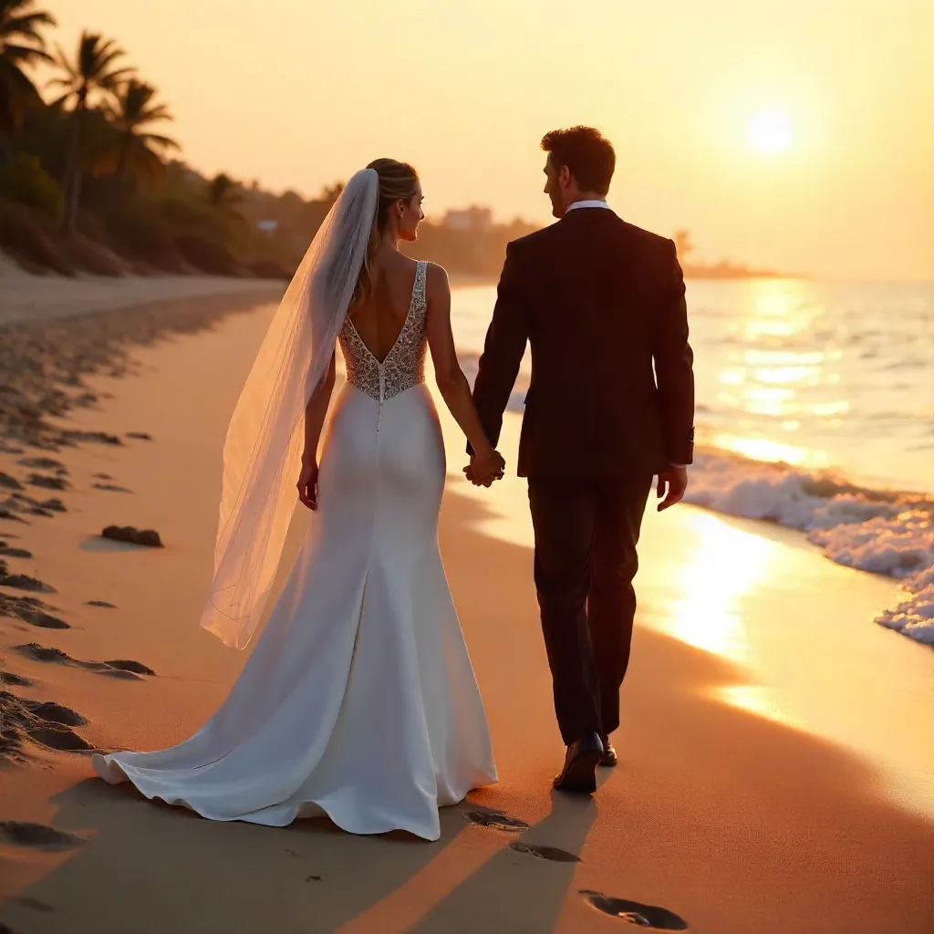 Romantic Wedding Walk on a Sunset Beach