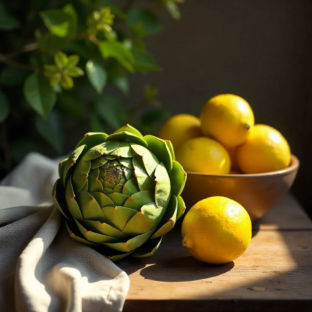 Golden Hour Artichokes and Lemons Still Life