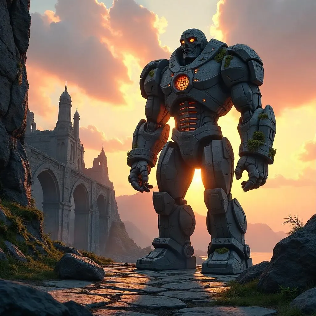 Photorealistic Sunset Stone Golem in Ruins