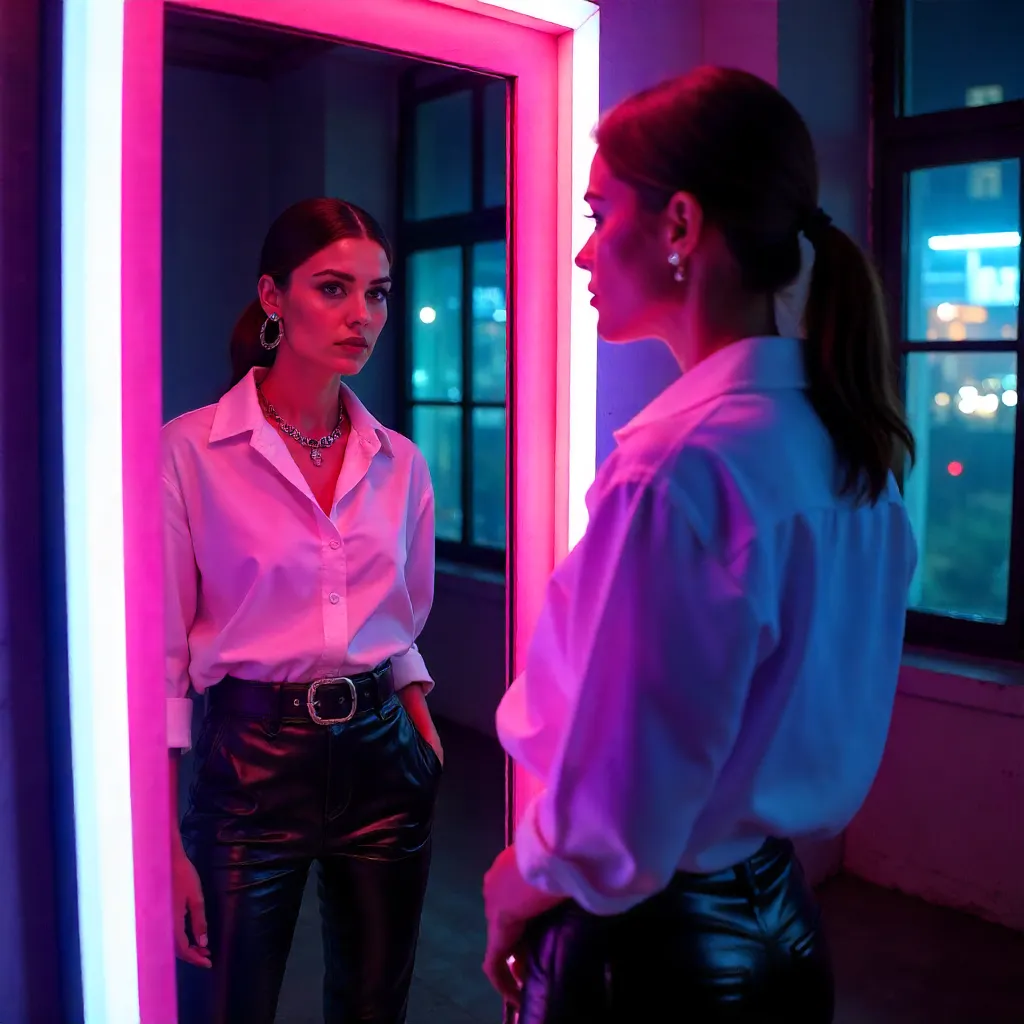 Neon-lit Mirror: An Urban Fashion Reflection