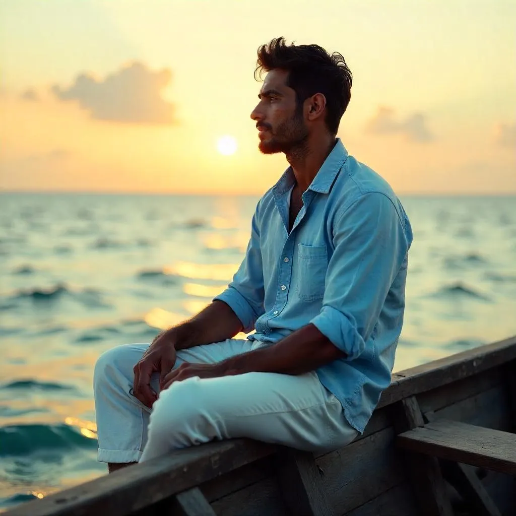 Sunlit Handsome Indian Man on a Wooden Boat