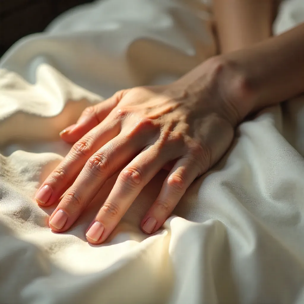 Top-Down View: Female Hand on Silk Bed Sheet