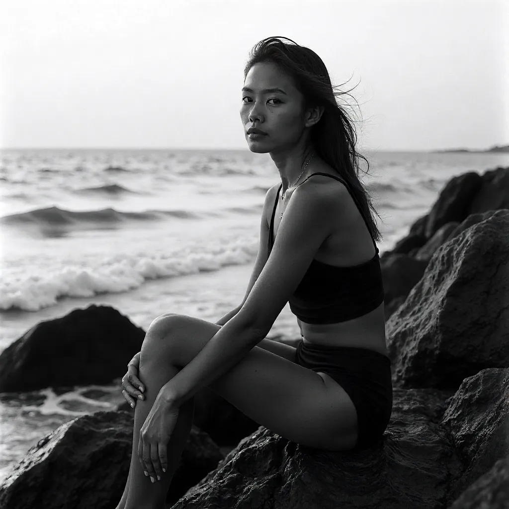 Serene Seaside Portrait in Black and White