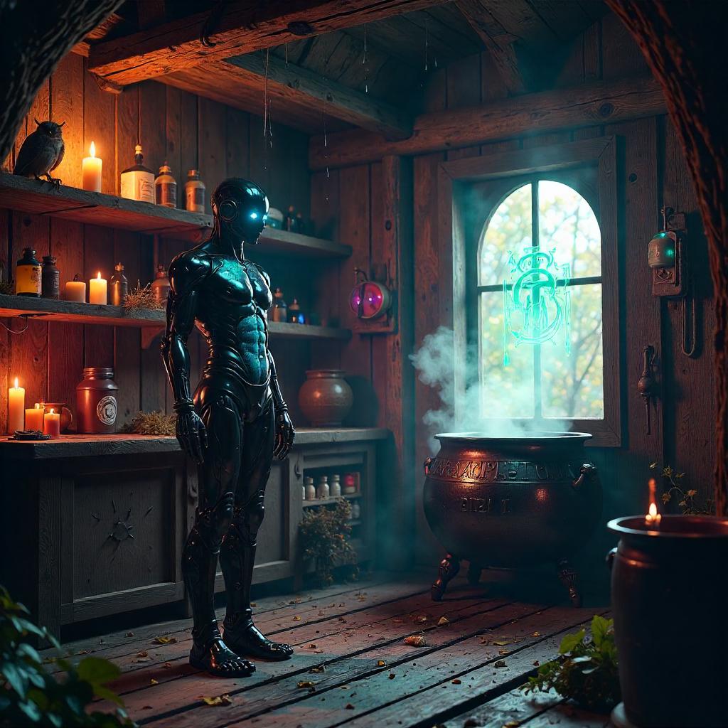 Android Witch in a Neon-Cursed Witch Hut