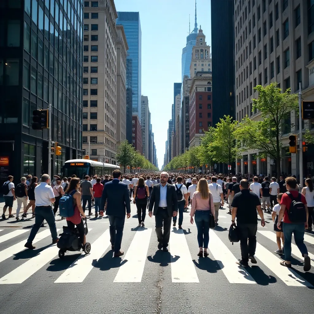 Bustling Crosswalk Under a Bright City Sky