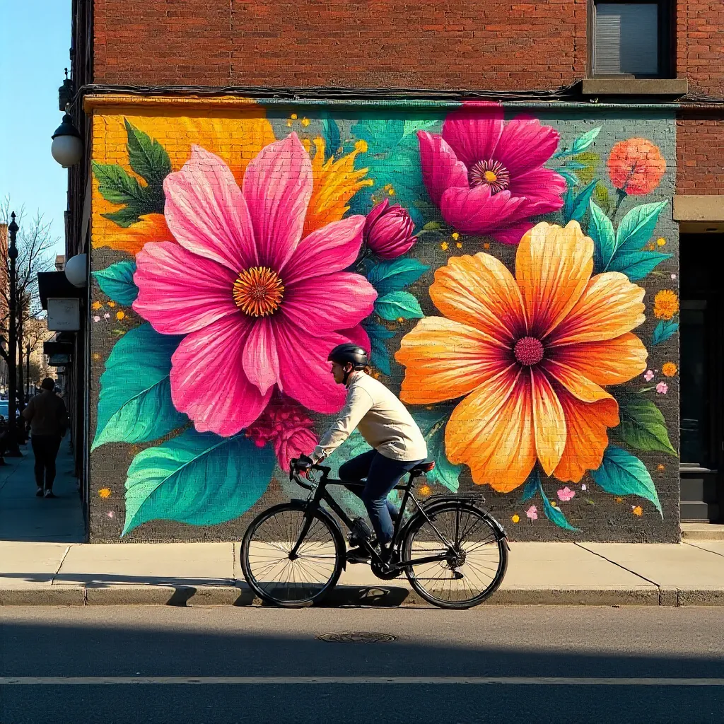 Cyclist in Front of a Vibrant Flower Mural