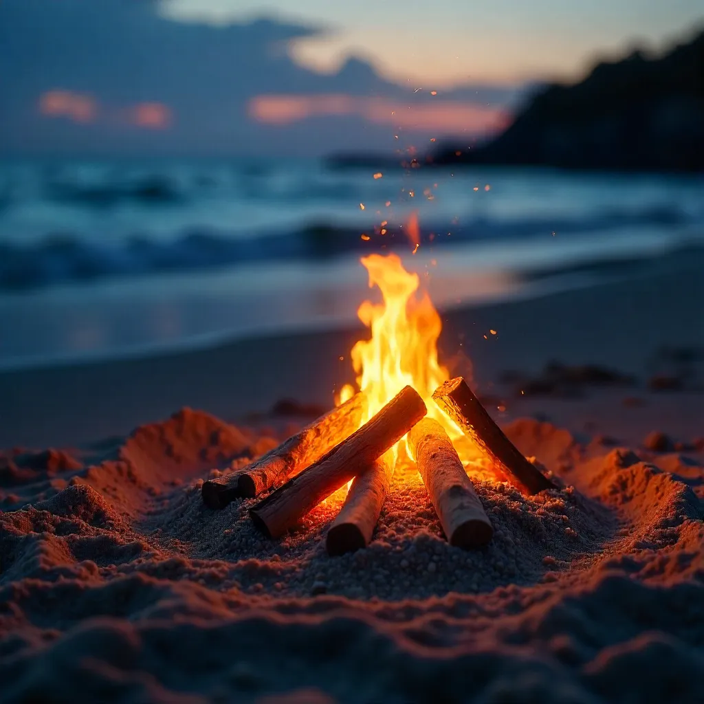 Close-Up Campfire on a Sandy Beach