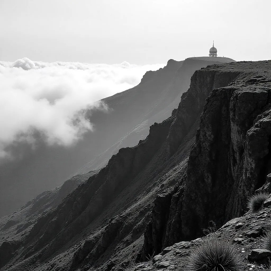 Monochrome Ridge: Madeira's Fog and Distant Radar Dome