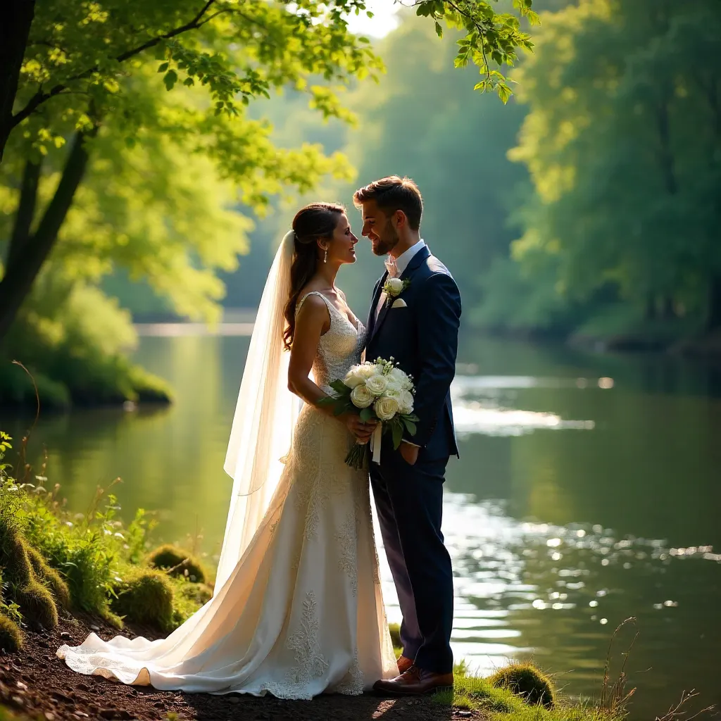 Serene Riverside Wedding Under Green Canopy