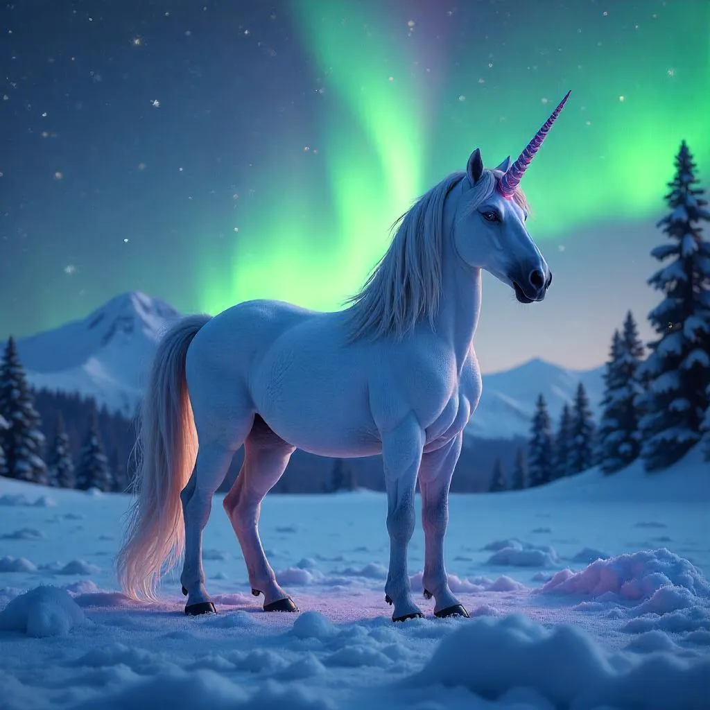 Aurora Unicorn: 3D Render Beneath Northern Lights
