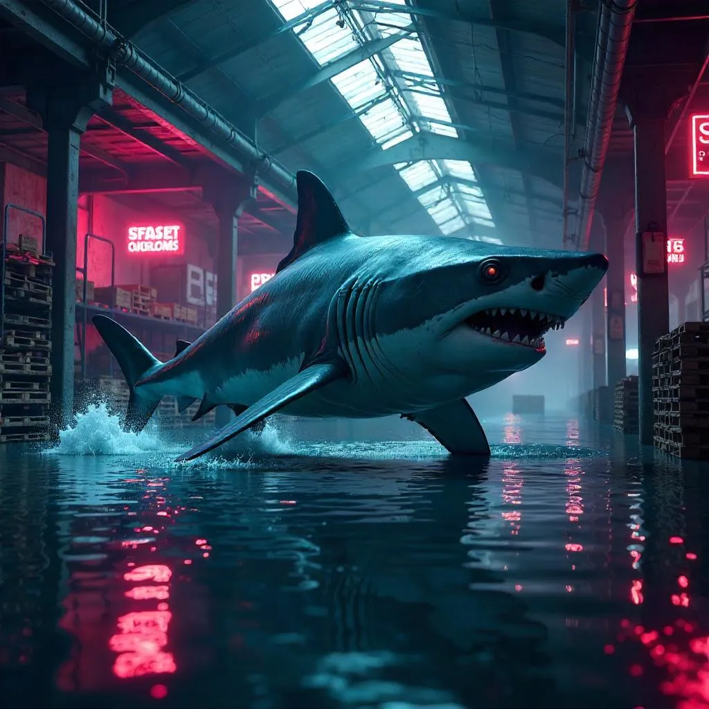 Shark in a Neon Warehouse - Digital Art Scene