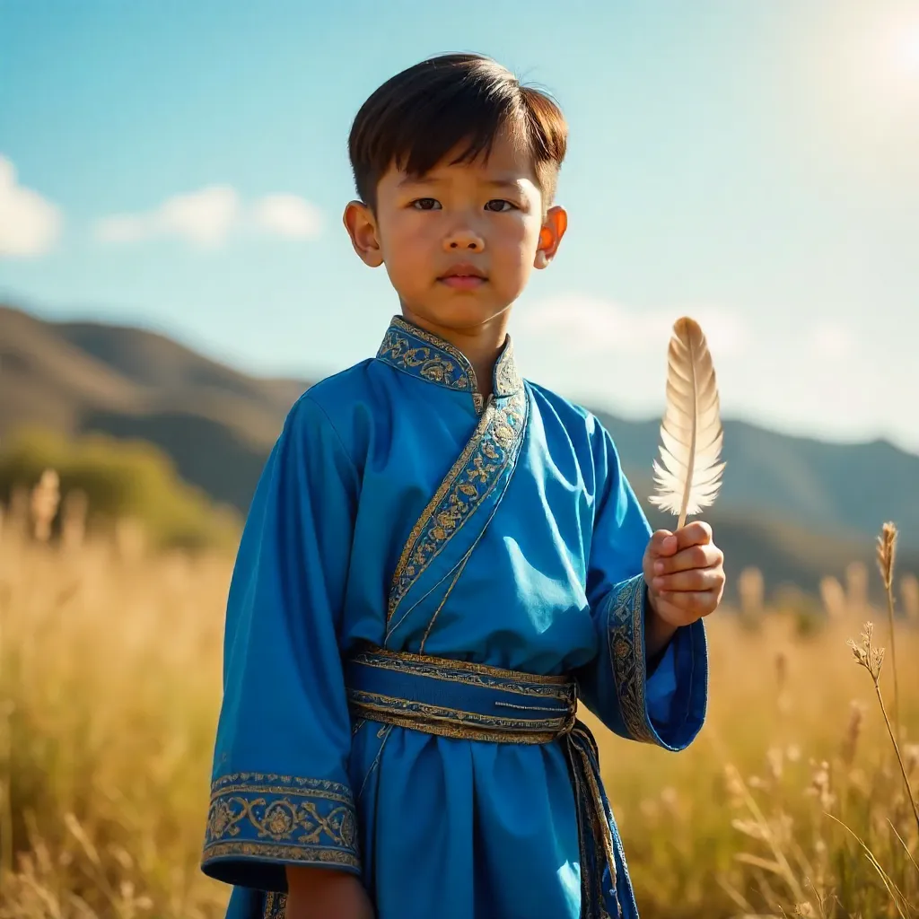 Boy in Blue Traditional Attire with White Feather Outdoors