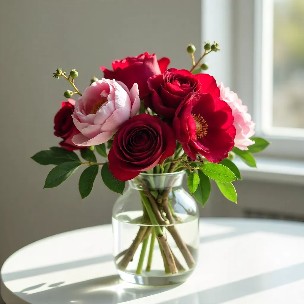 Red Roses and Pink Peonies in a Simple Vase