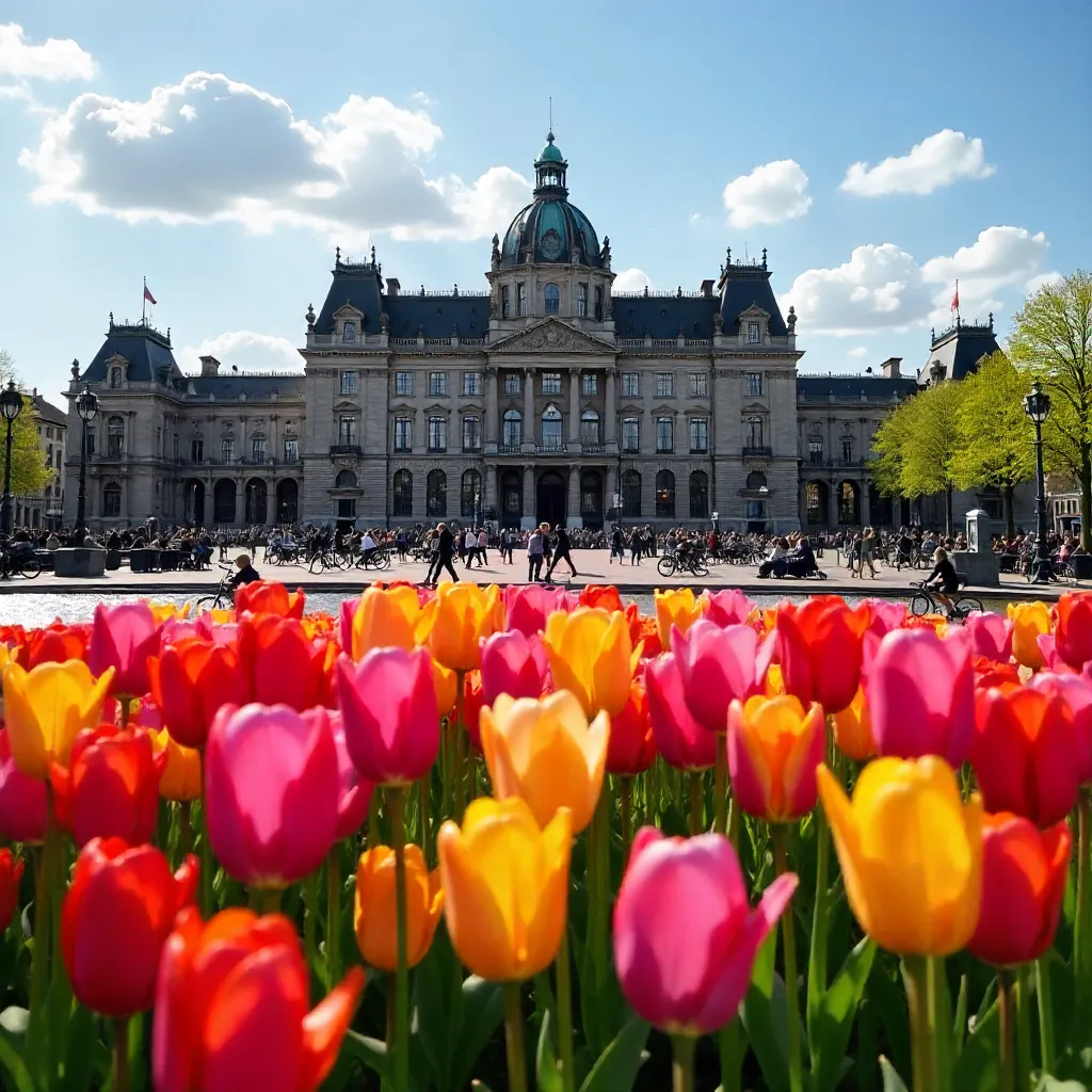 Vibrant Tulips at Dam Square and Royal Palace, Amsterdam