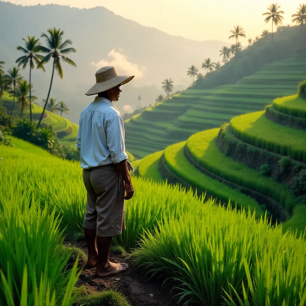 Lone Farmer in Bali's Verdant Rice Terraces