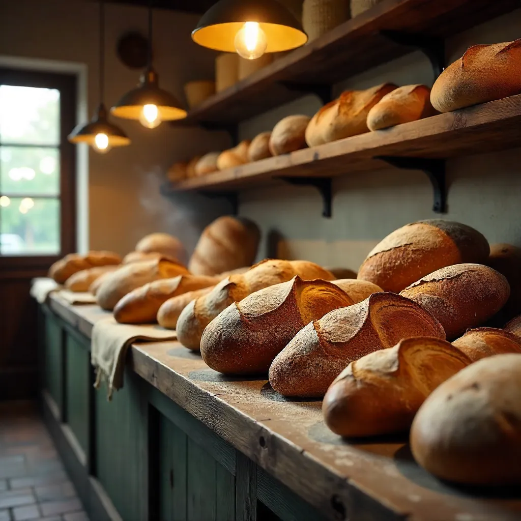 Amber-Glow Rustic Bread Display in a Cozy Bakery