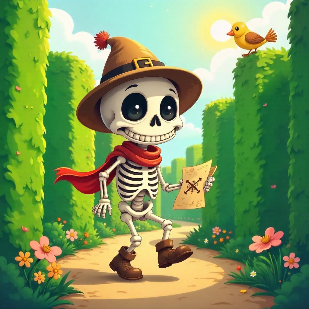 Cartoon Skeleton Navigates a Hedge Maze