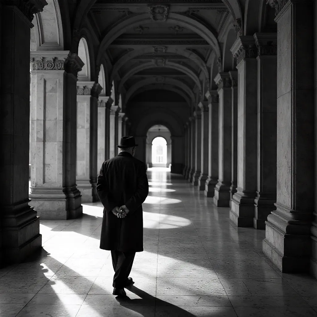 Monochrome Elderly Man Among Historic Columns