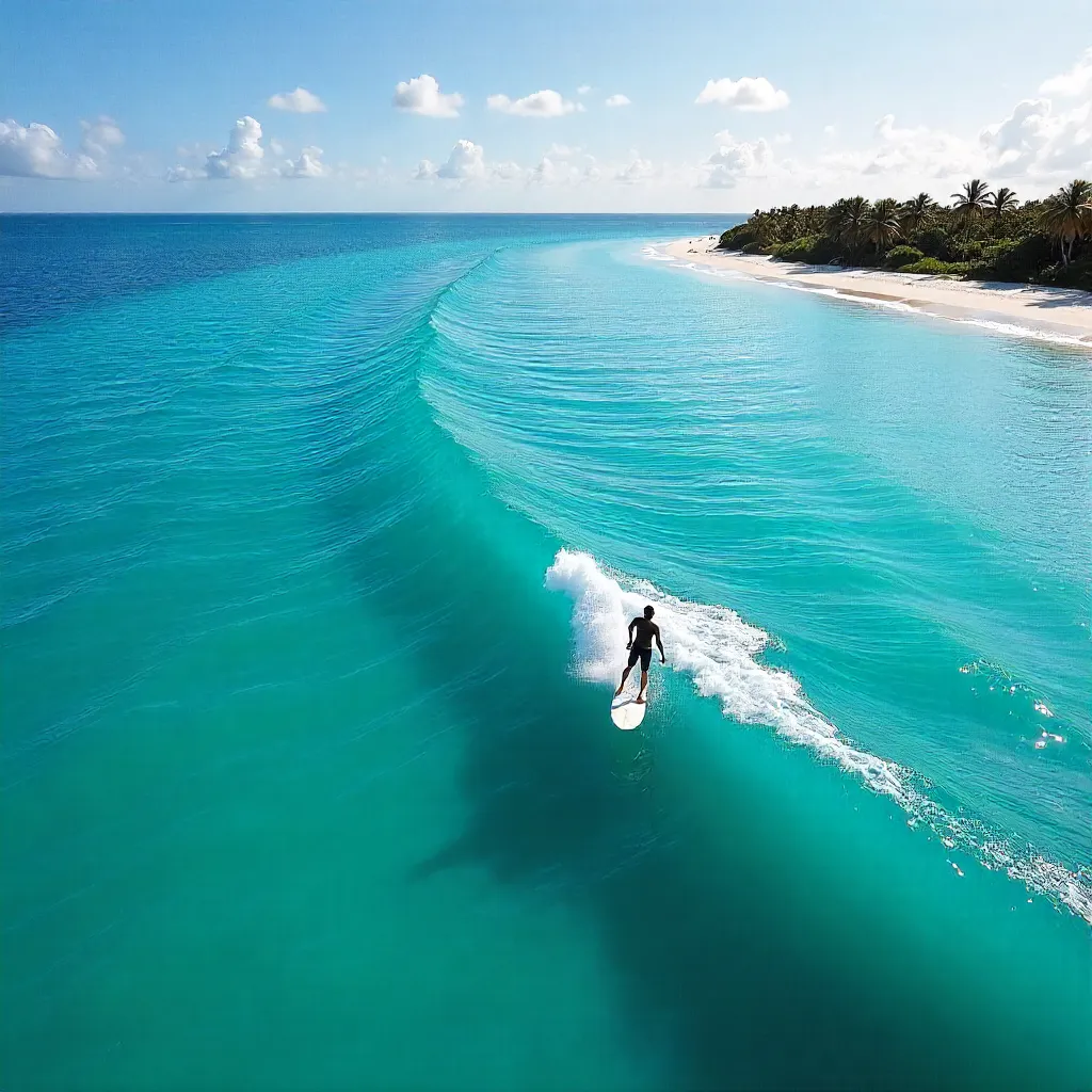 Aerial Surfer Over Bright Blue Waves in Fuvahmulah