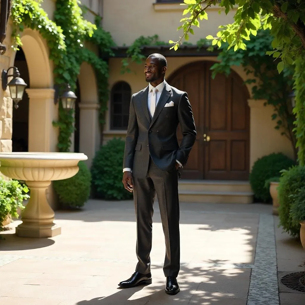 Elegant Black Man in a Sunlit Courtyard