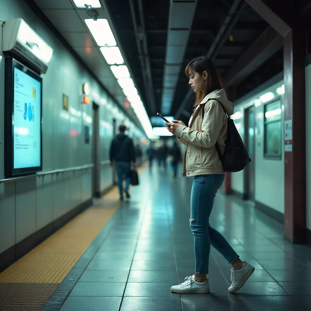 Young Woman Using Smartphone in Indoor Subway Station
