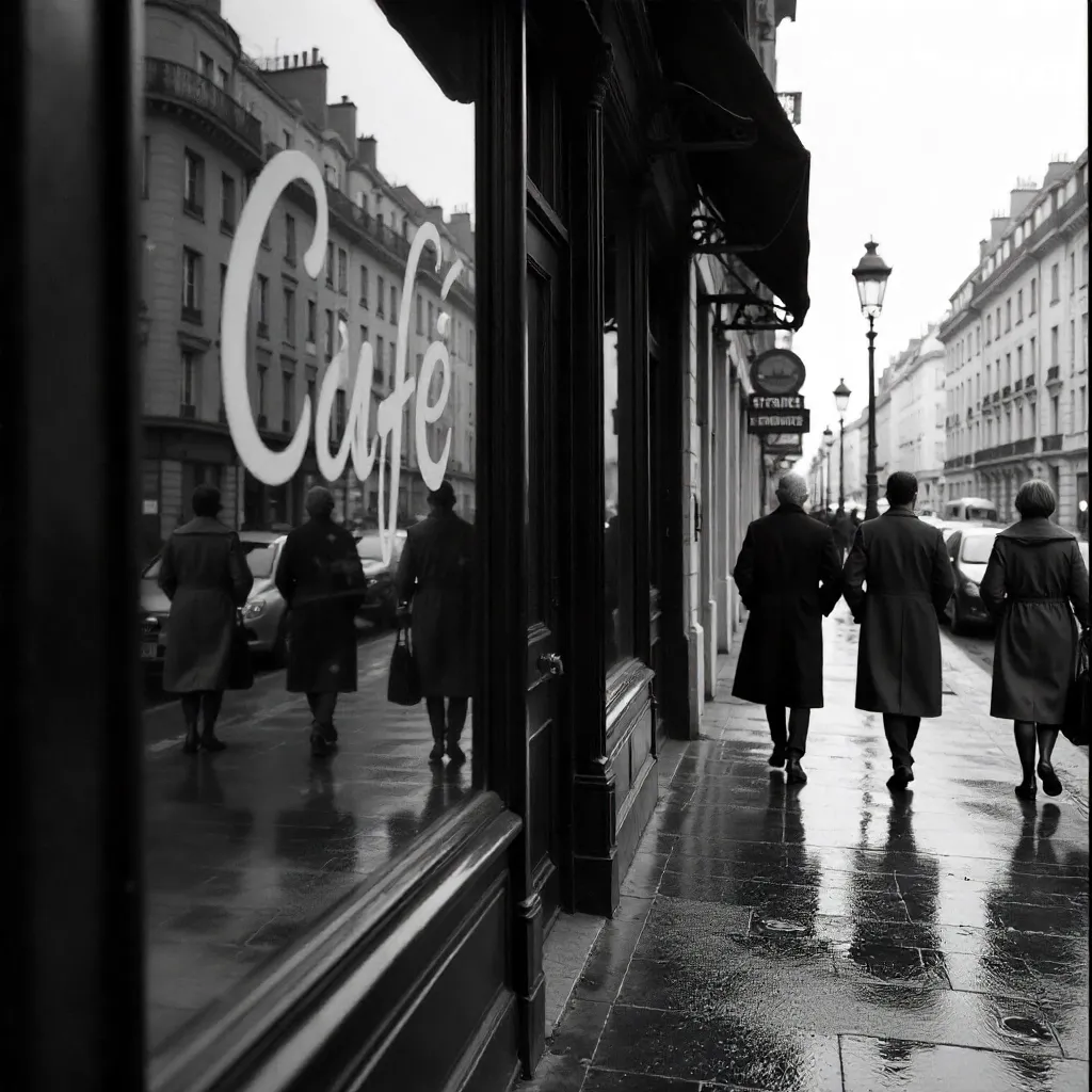 Reflections of Paris Café Signage in Black and White