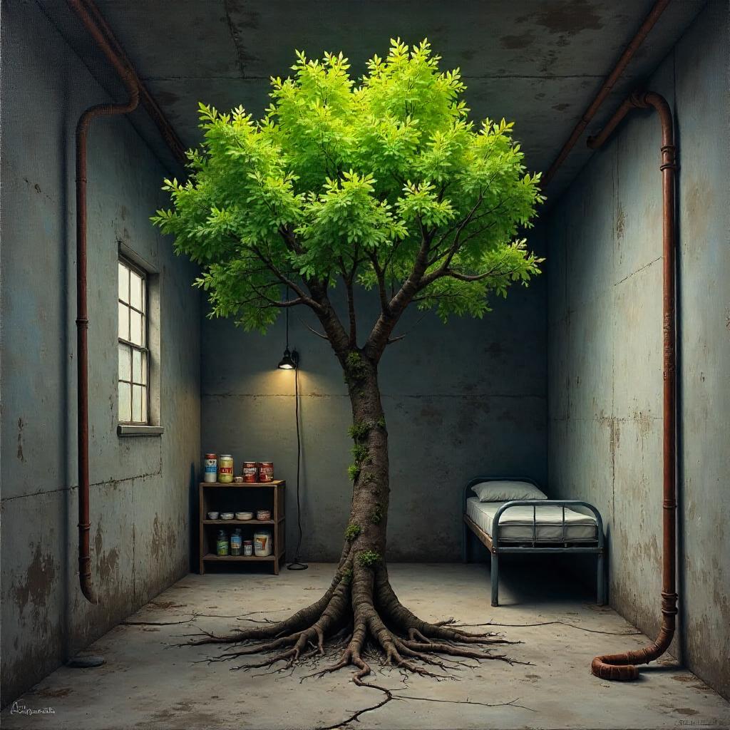 Resilient Tree: An Oil Painting in a Bomb Shelter