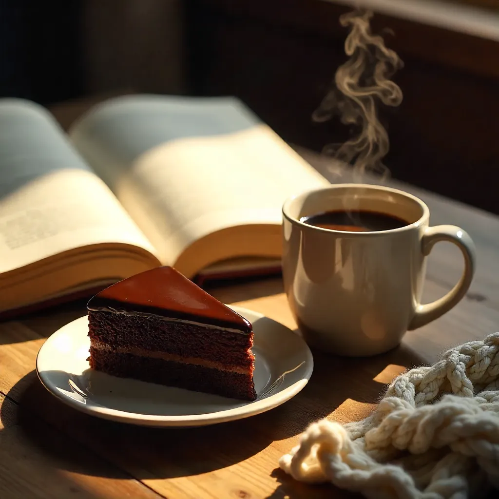 Cozy Chocolate Cake, Coffee, and Book Moment