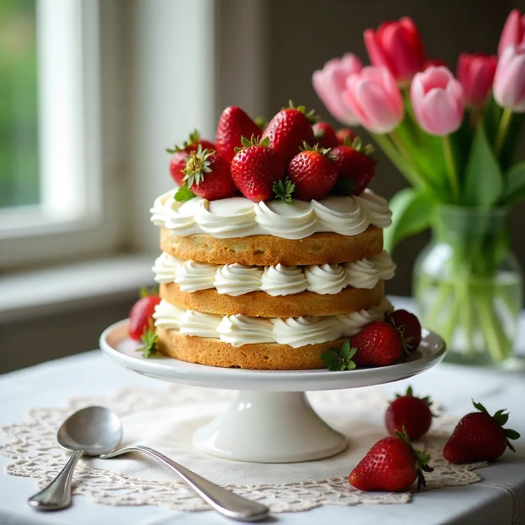 Elegant Strawberry Cake with Cream and Tulips on Lace Table