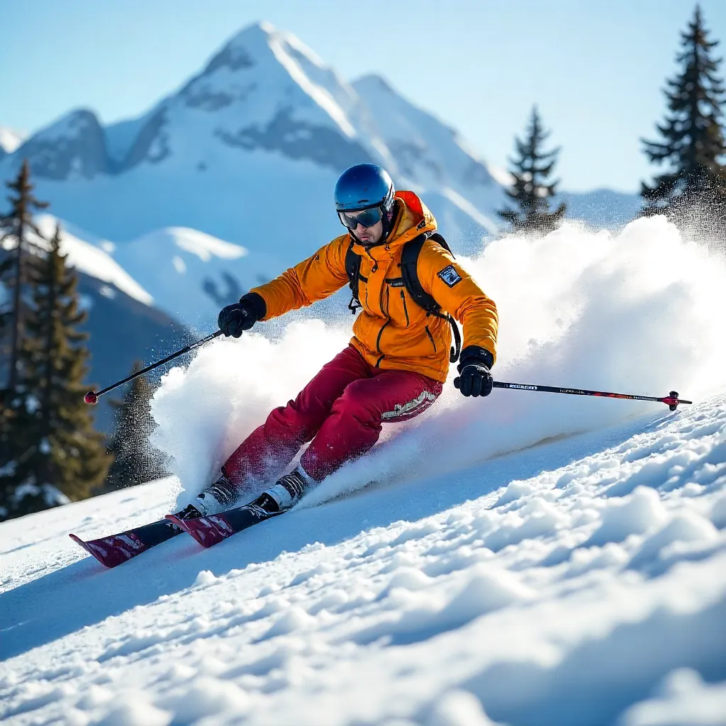 Powder Run: Skier carving down an alpine slope