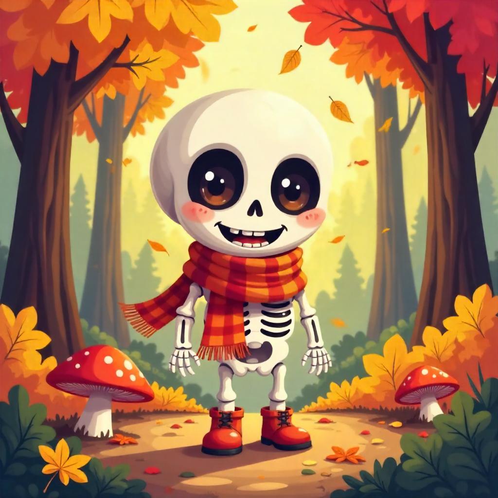 Cartoon Skeleton in Autumn Forest