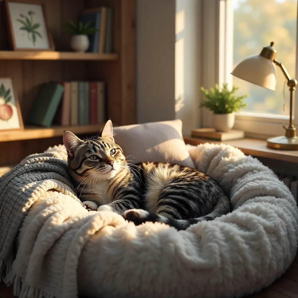 Grey Tabby in a Cozy Bookish Bed