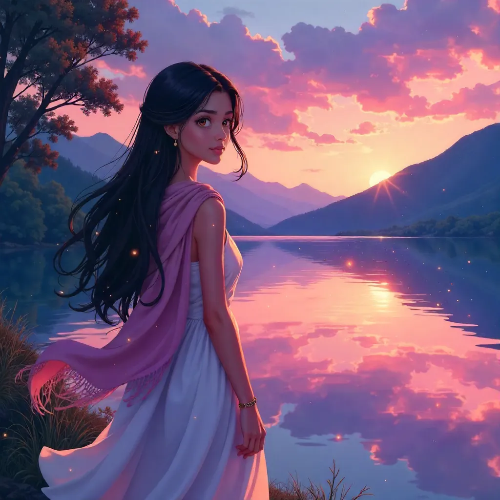 Anime-Style Middle Eastern Woman by a Serene Lake at Dusk