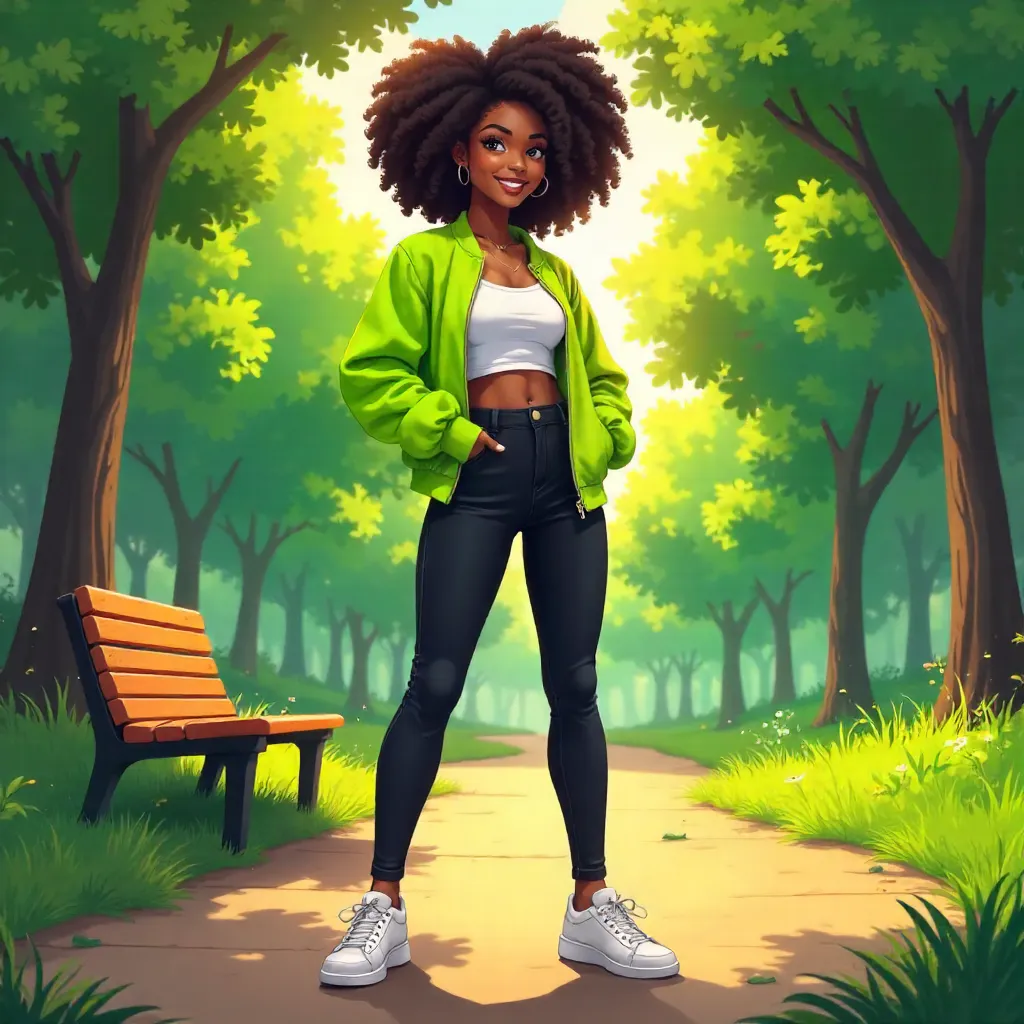 Confident Black Woman in Anime Park
